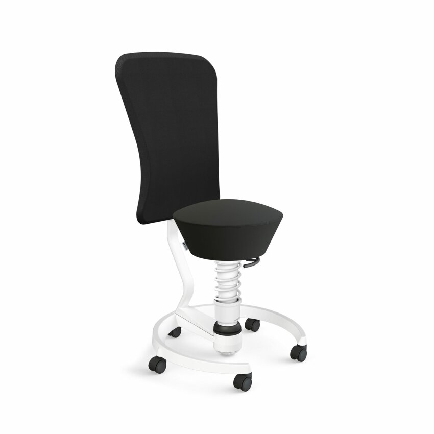 Aeris Swopper mit Rollen & Lehne | Feder Light | Kunstleder: Schwarz | Gestellfarbe: Weiß Rollen Hartboden