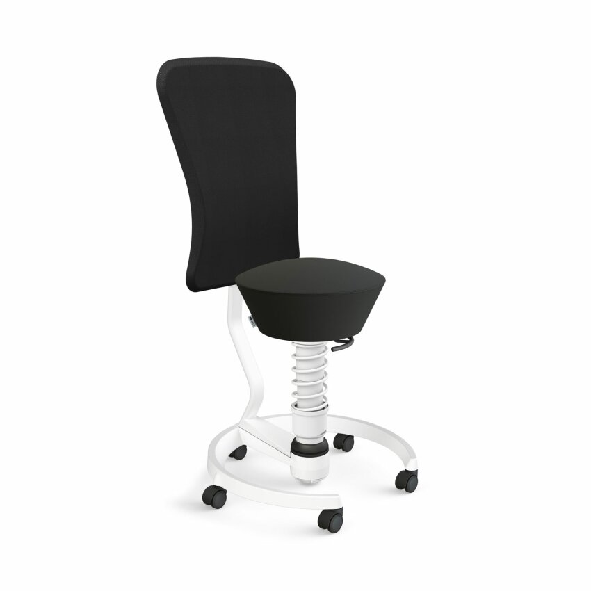 Aeris Swopper mit Rollen & Lehne | Feder Standard | Kunstleder: Schwarz | Gestellfarbe: Weiß Rollen Weichboden