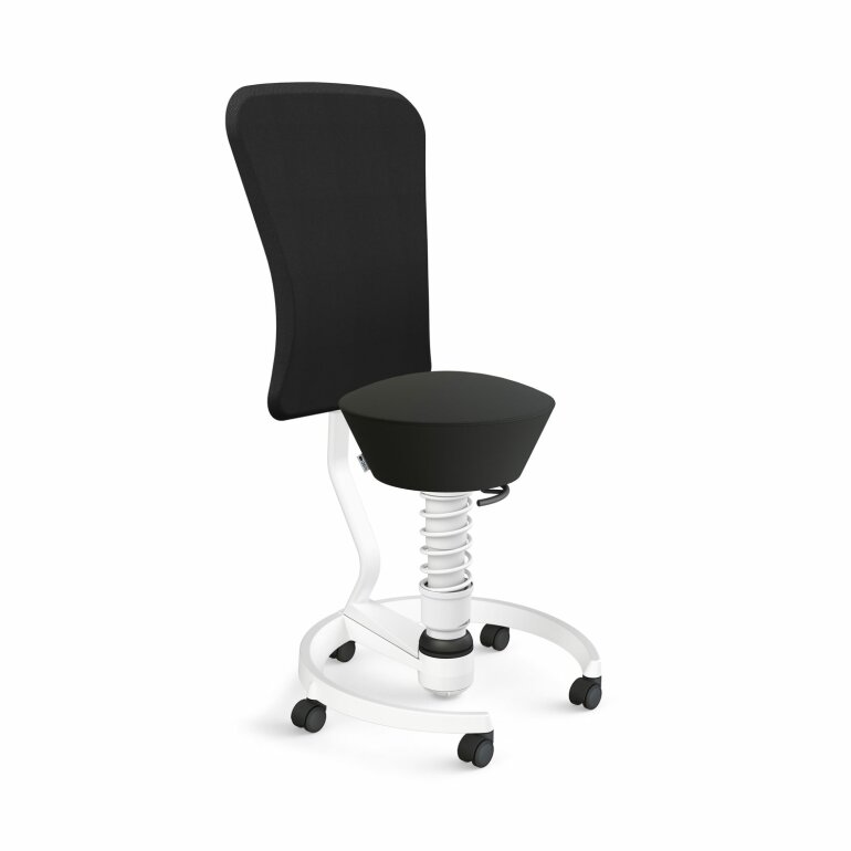 Aeris Swopper mit Rollen & Lehne | Feder Standard | Kunstleder: Schwarz | Gestellfarbe: Weiß Rollen Weichboden