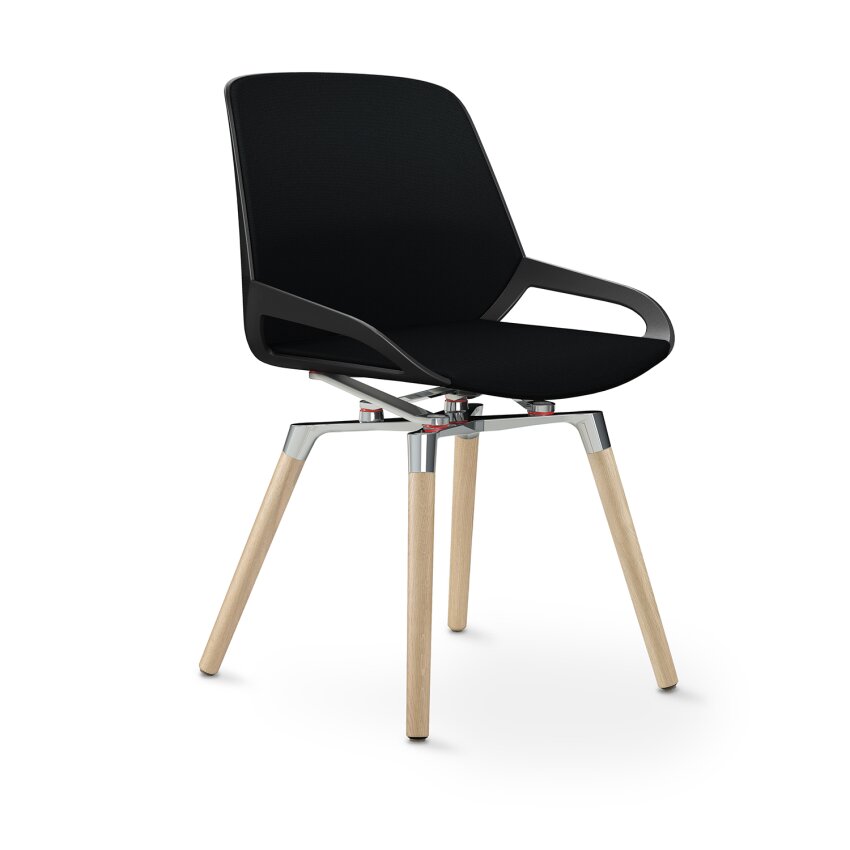 Aeris Numo Comfort Holzbeine: Eiche Natur | Cura: Schwarz | mit Rückenpolster | Kinematikfarbe: Hochglanz Poliert | Sitzschale: Schwarz