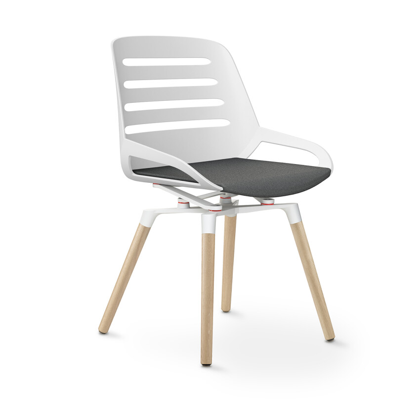 Aeris Numo Comfort Holzbeine: Eiche Natur | Cura: Grau meliert | ohne Rückenpolster | Kinematikfarbe: Weiß | Sitzschale: Weiß