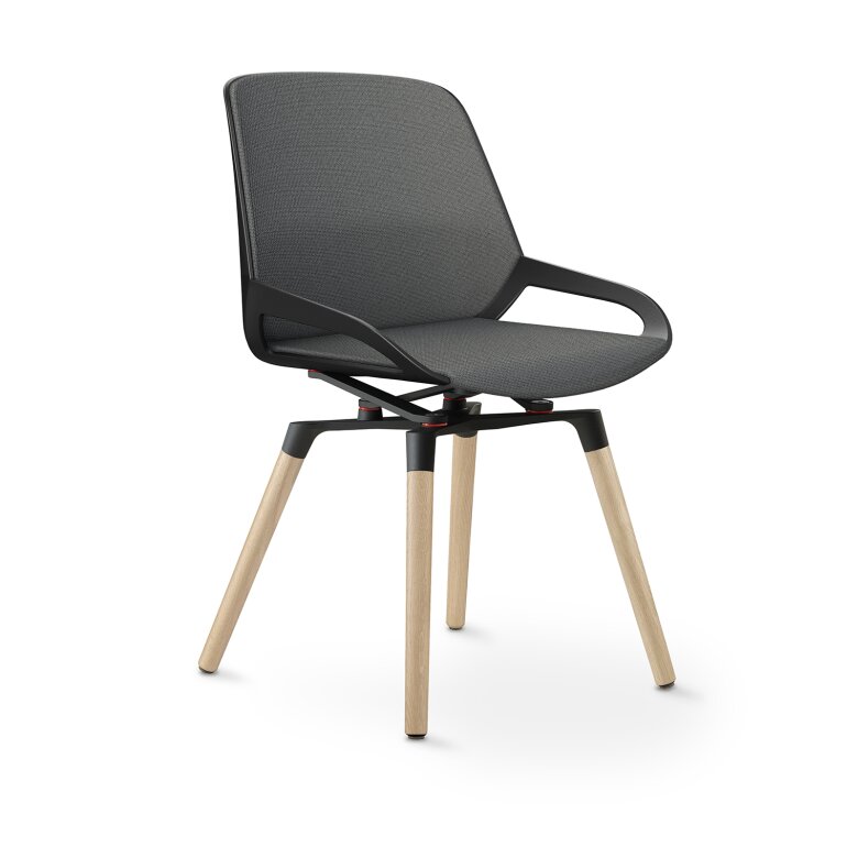 Aeris Numo Comfort Holzbeine: Eiche Natur | Cura: Grau meliert | mit Rückenpolster | Kinematikfarbe: Schwarz | Sitzschale: Schwarz