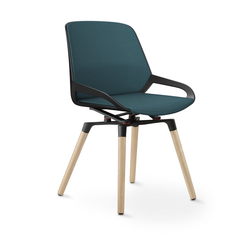Aeris Numo Comfort Holzbeine: Eiche Natur | Cura: Blau meliert | mit Rückenpolster | Kinematikfarbe: Schwarz | Sitzschale: Schwarz