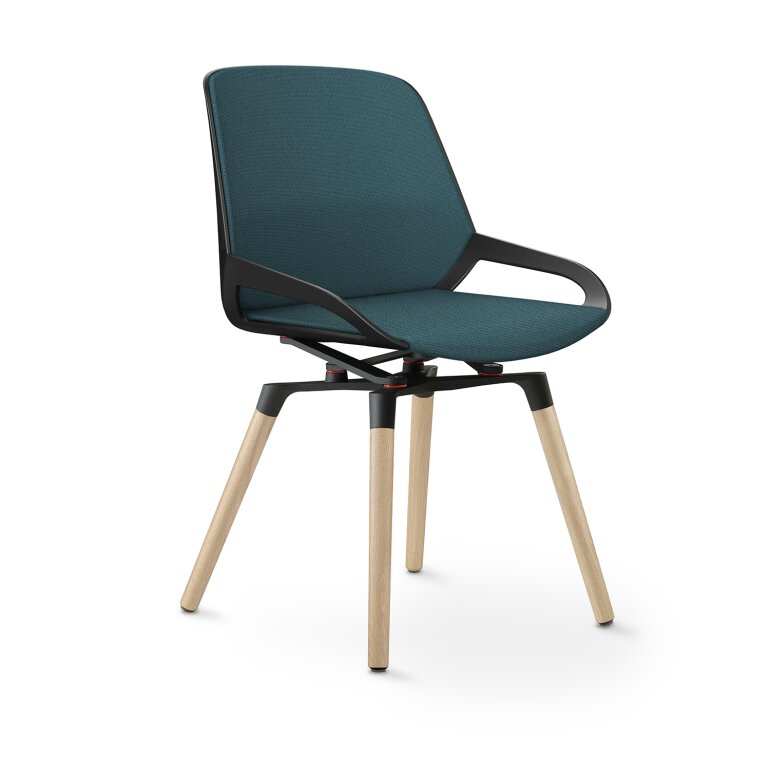 Aeris Numo Comfort Holzbeine: Eiche Natur | Cura: Blau meliert | mit Rückenpolster | Kinematikfarbe: Schwarz | Sitzschale: Schwarz