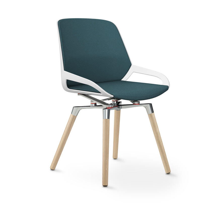 Aeris Numo Comfort Holzbeine: Eiche Natur | Cura: Blau meliert | mit Rückenpolster | Kinematikfarbe: Hochglanz Poliert | Sitzschale: Weiß