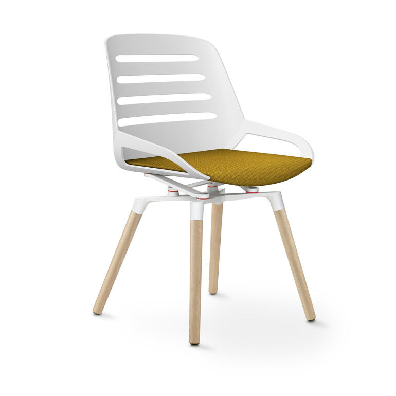 Aeris Numo Comfort Holzbeine: Eiche Natur | Cura: Gelb meliert | ohne Rückenpolster | Kinematikfarbe: Weiß | Sitzschale: Weiß