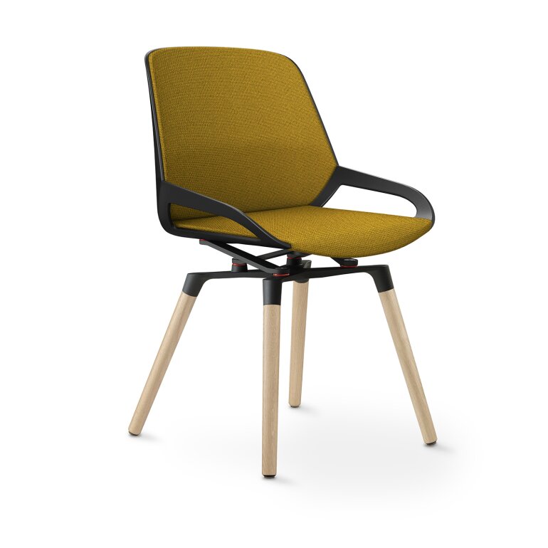 Aeris Numo Comfort Holzbeine: Eiche Natur | Cura: Gelb meliert | mit Rückenpolster | Kinematikfarbe: Schwarz | Sitzschale: Schwarz