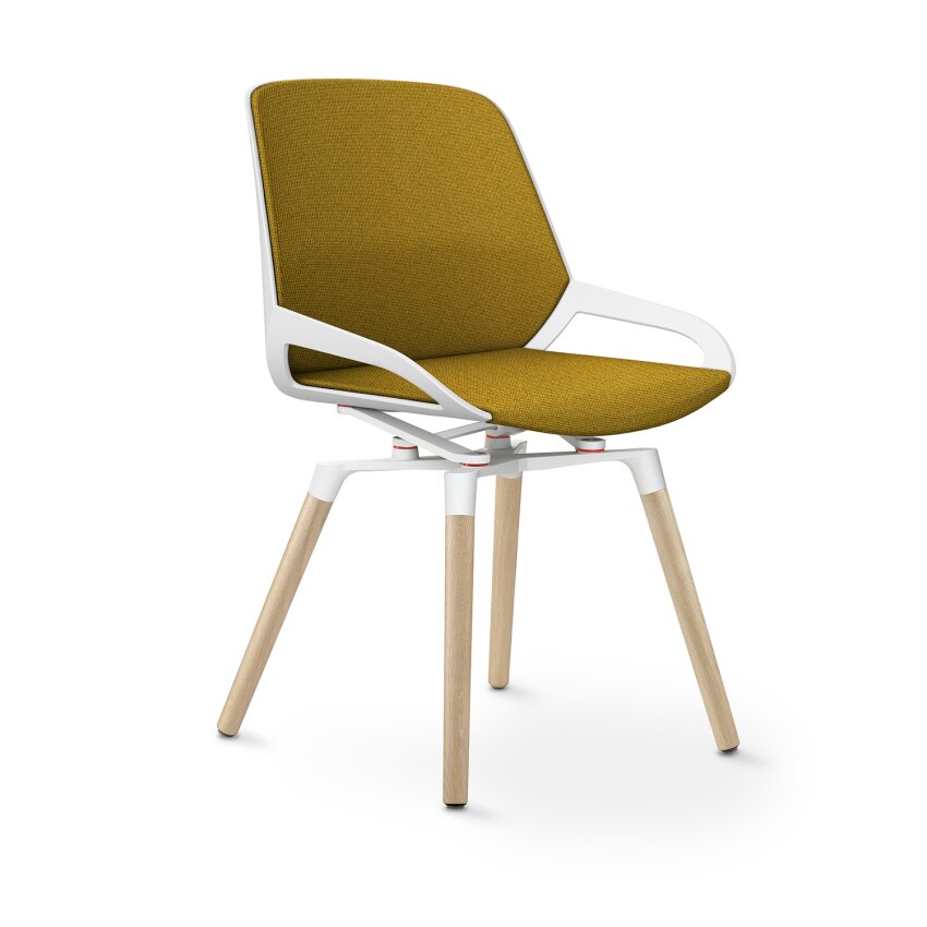 Aeris Numo Comfort Holzbeine: Eiche Natur | Cura: Gelb meliert | mit Rückenpolster | Kinematikfarbe: Weiß | Sitzschale: Weiß
