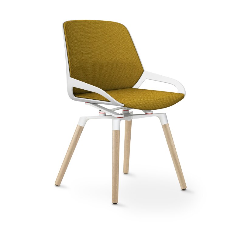 Aeris Numo Comfort Holzbeine: Eiche Natur | Cura: Gelb meliert | mit Rückenpolster | Kinematikfarbe: Weiß | Sitzschale: Weiß