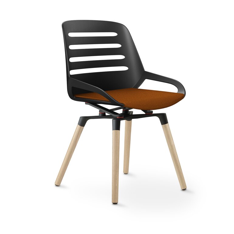 Aeris Numo Comfort Holzbeine: Eiche Natur | Cura: Gelb-orange meliert | ohne Rückenpolster | Kinematikfarbe: Schwarz | Sitzschale: Schwarz