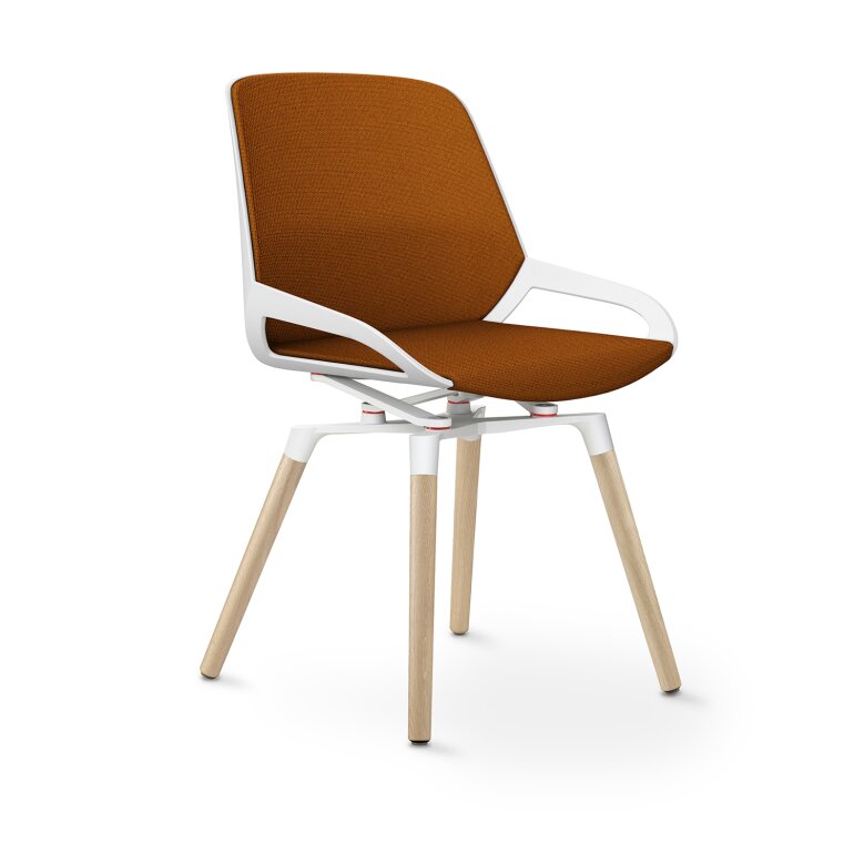 Aeris Numo Comfort Holzbeine: Eiche Natur | Cura: Gelb-orange meliert | mit Rückenpolster | Kinematikfarbe: Weiß | Sitzschale: Weiß