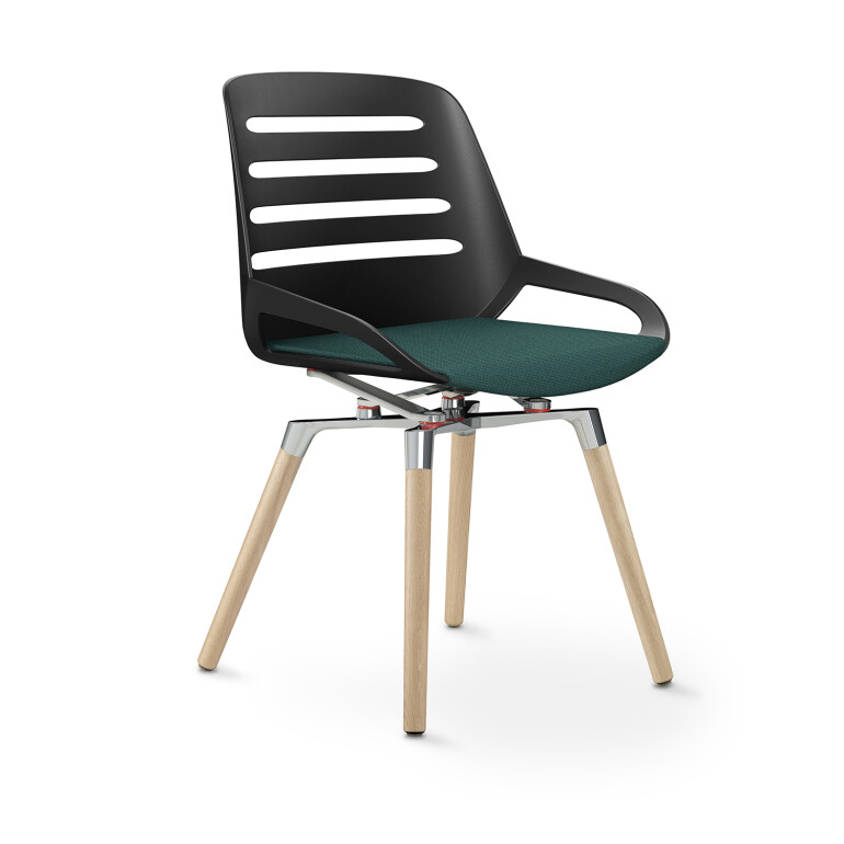 Aeris Numo Comfort Holzbeine: Eiche Natur | Cura: Taubenblau meliert | ohne Rückenpolster | Kinematikfarbe: Hochglanz Poliert | Sitzschale: Schwarz
