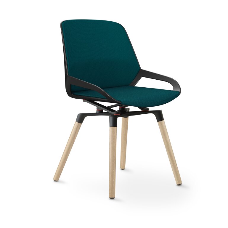 Aeris Numo Comfort Holzbeine: Eiche Natur | Cura: Petrolblau meliert | mit Rückenpolster | Kinematikfarbe: Schwarz | Sitzschale: Schwarz