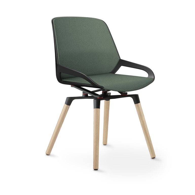 Aeris Numo Comfort Holzbeine: Eiche Natur | Cura: Blassgrün meliert | mit Rückenpolster | Kinematikfarbe: Schwarz | Sitzschale: Schwarz