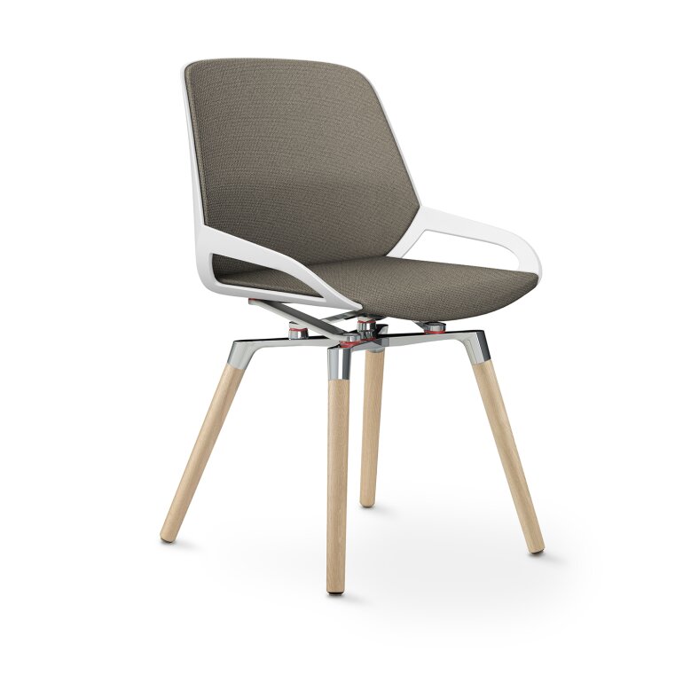 Aeris Numo Comfort Holzbeine: Eiche Natur | Cura: Beige meliert | mit Rückenpolster | Kinematikfarbe: Hochglanz Poliert | Sitzschale: Weiß