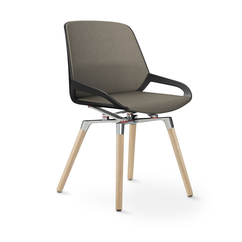 Aeris Numo Comfort Holzbeine: Eiche Natur | Cura: Beige meliert | mit Rückenpolster | Kinematikfarbe: Hochglanz Poliert | Sitzschale: Schwarz