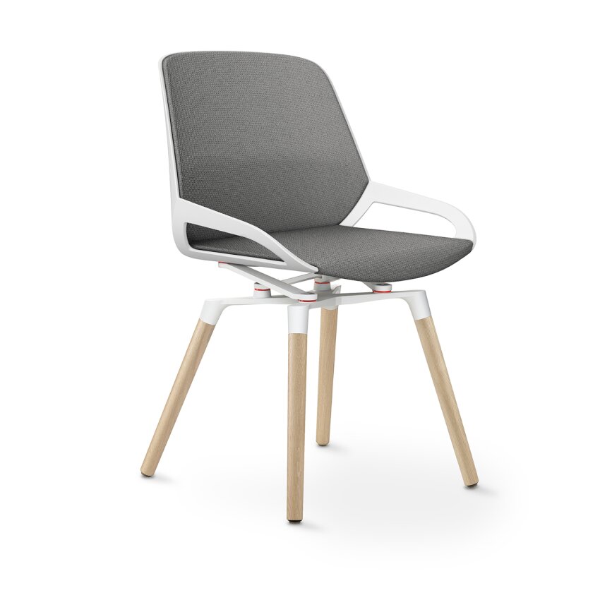 Aeris Numo Comfort Holzbeine: Eiche Natur | Cura: Hellgrau meliert | mit Rückenpolster | Kinematikfarbe: Weiß | Sitzschale: Weiß